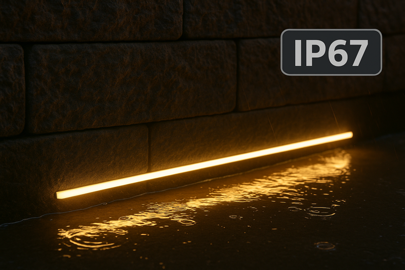 An IP67 LED strip installed at the base of a retaining wall, sitting in a small puddle of water after a rainstorm but shining brightly.