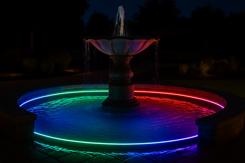 A beautiful fountain at night with vibrant IP68 LED strips illuminating the water from within the pool.