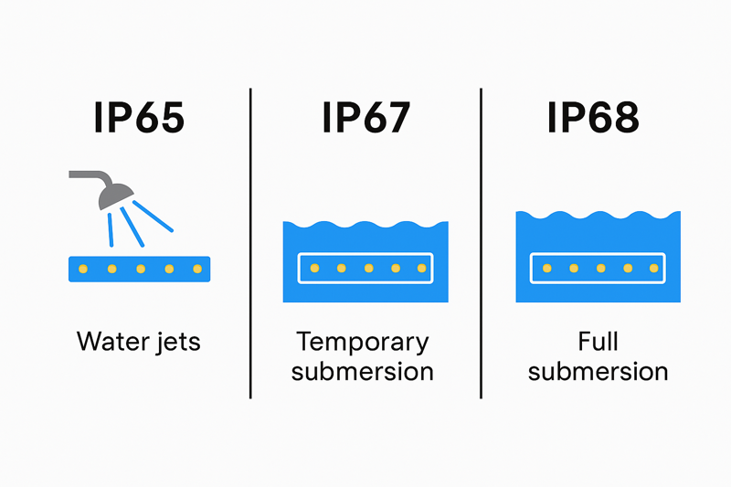 A diagram visually comparing IP65, IP67, and IP68 ratings with graphics of water jets, temporary submersion, and full submersion