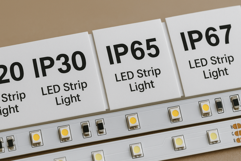 A close-up shot showing different IP ratings on LED strip light packaging
