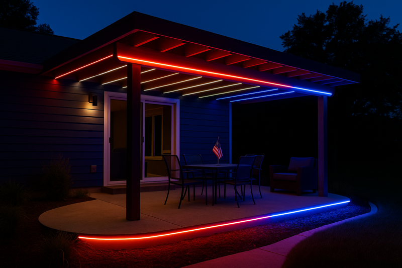 A patio area lit with festive red, white, and blue LED strips for a 4th of July celebration.