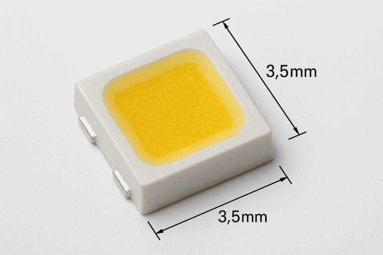 A close-up, magnified image of a single 2835 LED chip with dimensional lines showing 2.8mm and 3.5mm