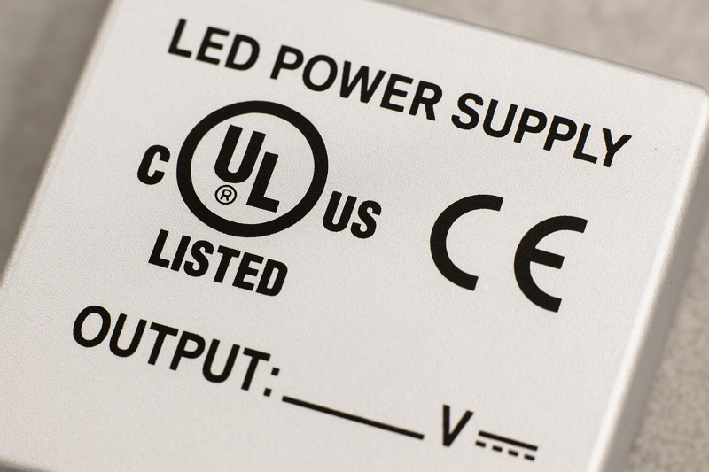 A close-up shot of an LED power supply showing the official UL Listed and CE mark logos clearly printed on the label.