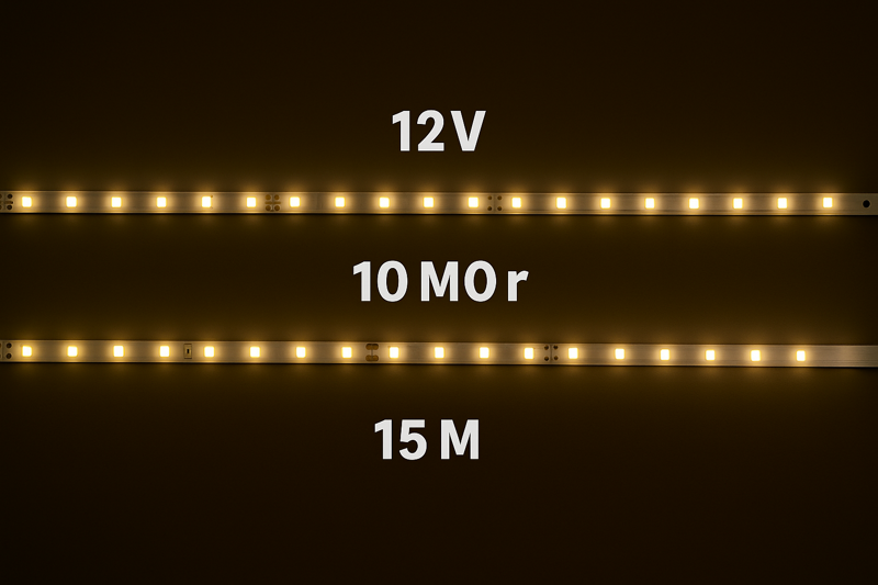 An image comparing a 10-meter 12V strip (dim at the end) next to a 10-meter 24V strip that is perfectly and uniformly bright from end to end.