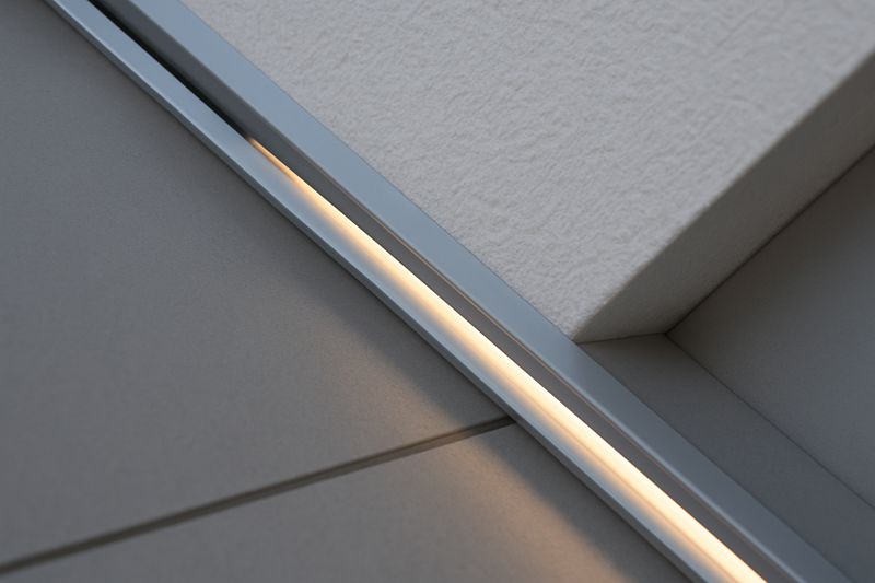 An architectural detail showing an LED strip light neatly housed within an aluminum channel with a frosted cover