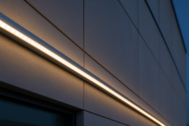 A perfectly straight line of LED strip light mounted inside an aluminum channel on a building facade