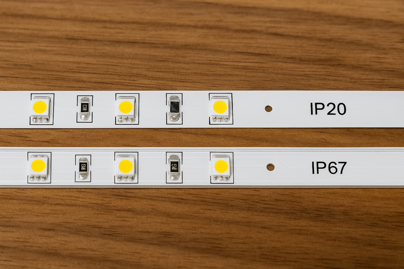 Two LED strips side-by-side: one is an indoor IP20 strip with exposed electronics, the other is an IP67 strip completely sealed in a clear coating.