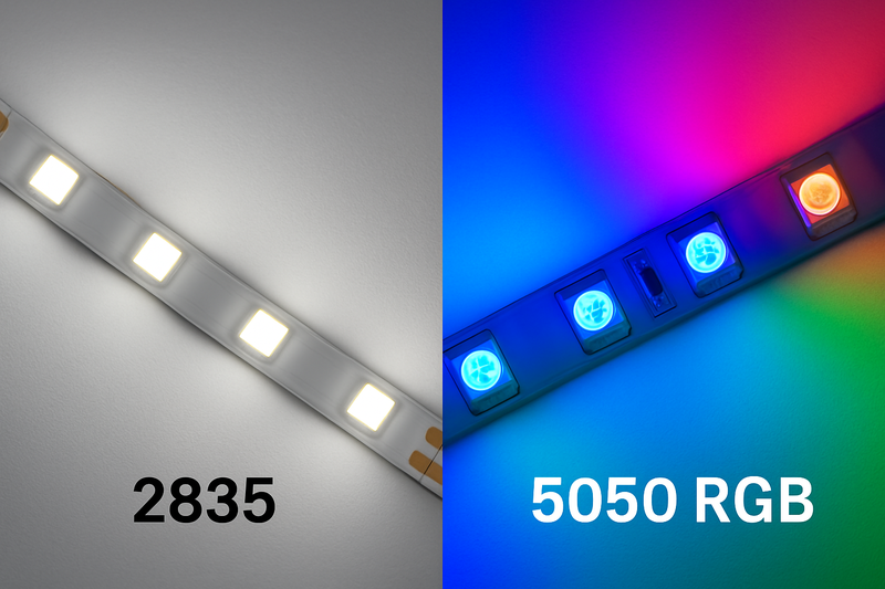 A split image showing a crisp, clean white light from a 2835 strip on one side, and vibrant, blended color from a 5050 RGB strip on the other.