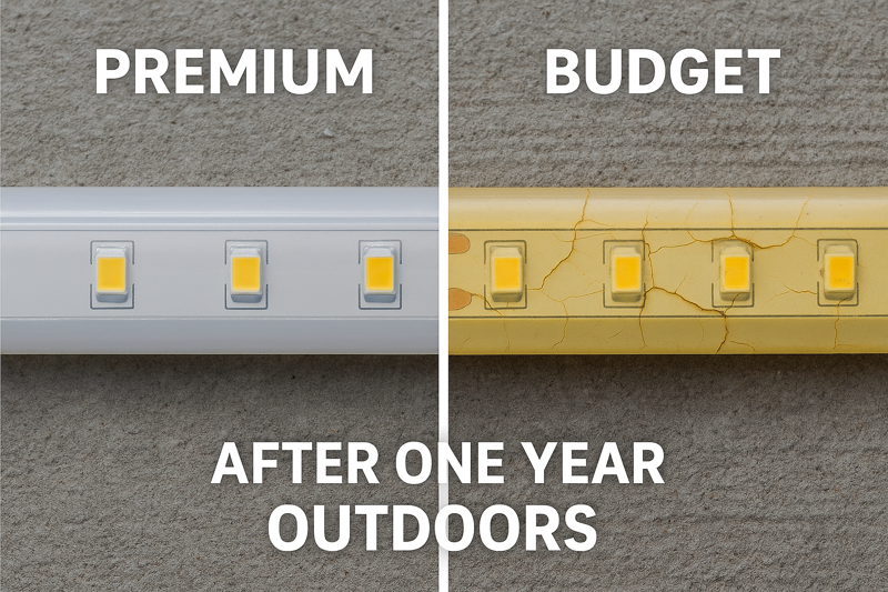 A split image showing a premium LED strip looking brand new after a year outdoors, next to a budget strip that has yellowed and cracked under the same conditions.