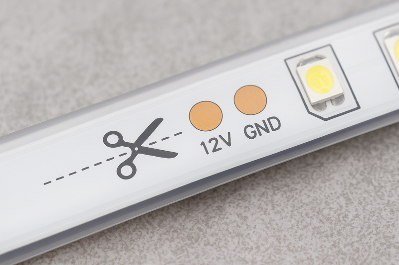 A close-up shot of the scissors icon and copper pads on an LED strip, indicating the cut line