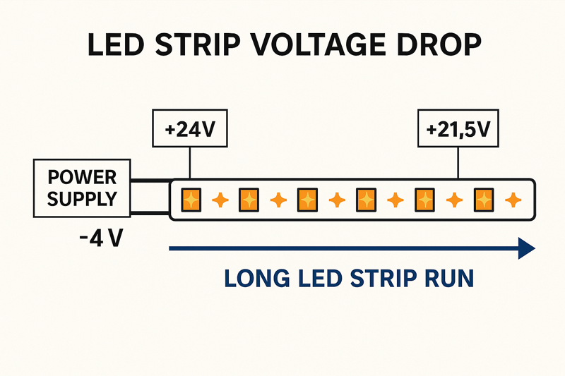 A diagram illustrating voltage drop in a long LED strip run