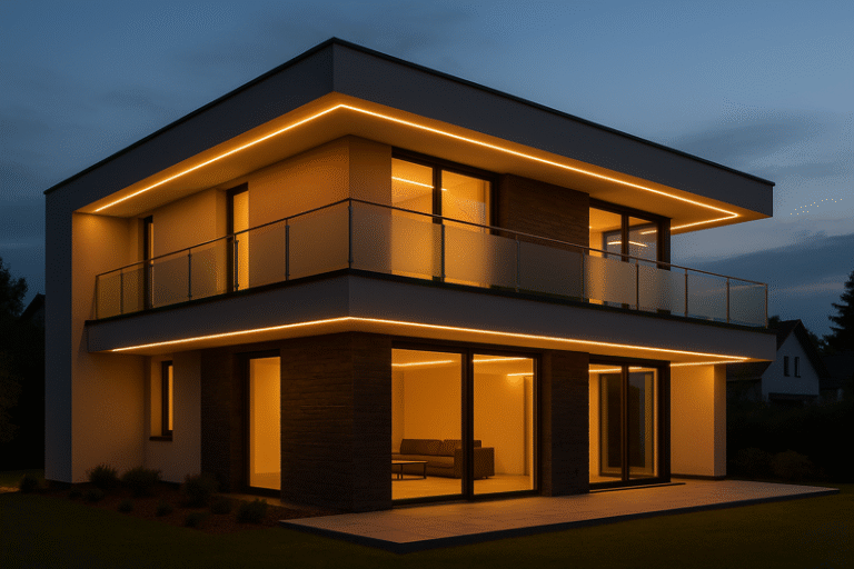 A beautifully illuminated modern home at dusk with multiple layers of LED strip lighting