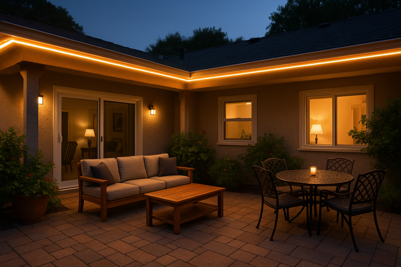 A beautifully lit outdoor patio with waterproof LED strip lights installed under the eaves