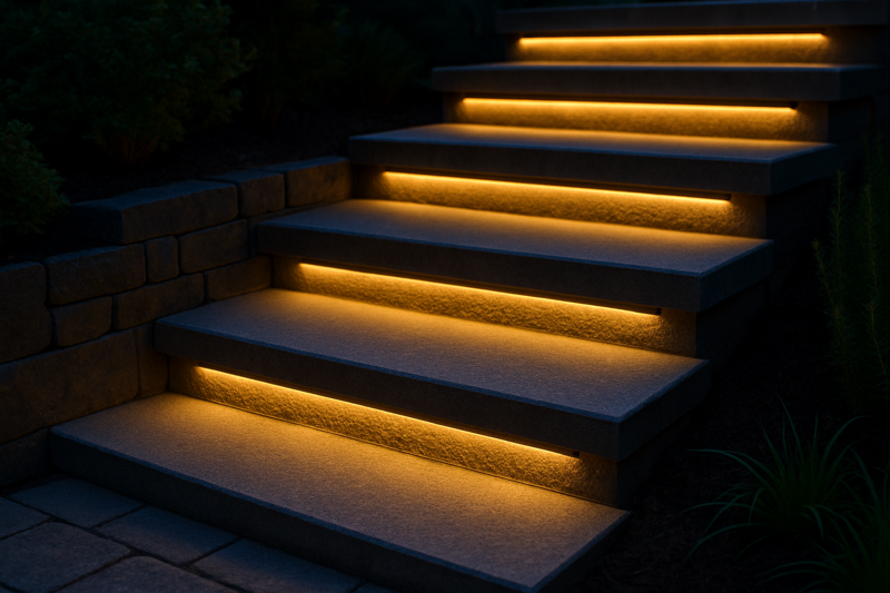 Outdoor steps with LED strip lights installed under each tread, safely illuminating the staircase