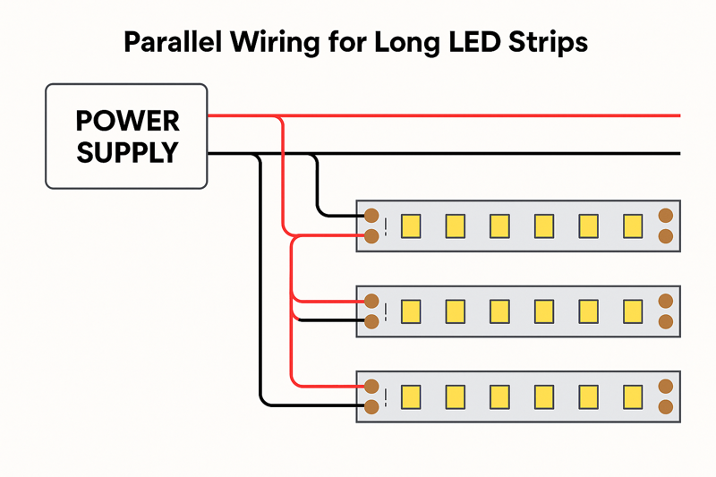 A wiring diagram showing a parallel connection for three long LED strip sections from a single power supply