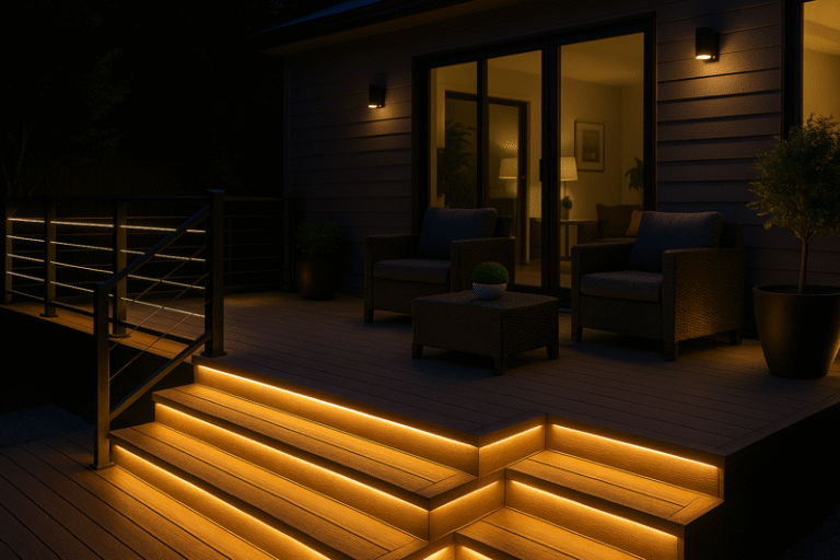 A stunning modern patio beautifully lit at night by waterproof LED strips installed under railings and stair treads