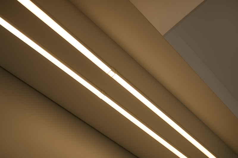 An installation showing multiple premium LED strips seamlessly connected on a long architectural run, with perfectly uniform color and brightness from end to end