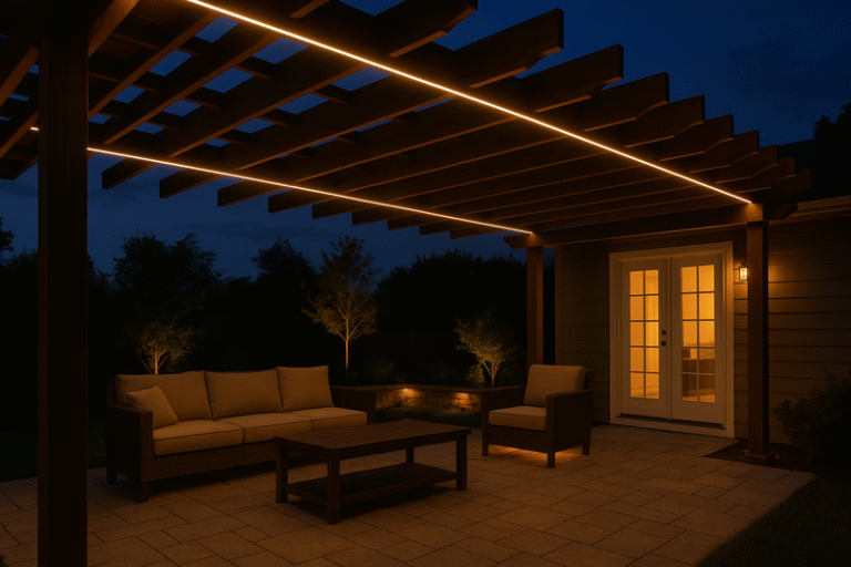 A beautiful pergola over a patio with LED strips built into the overhead beams, creating a starlight effect
