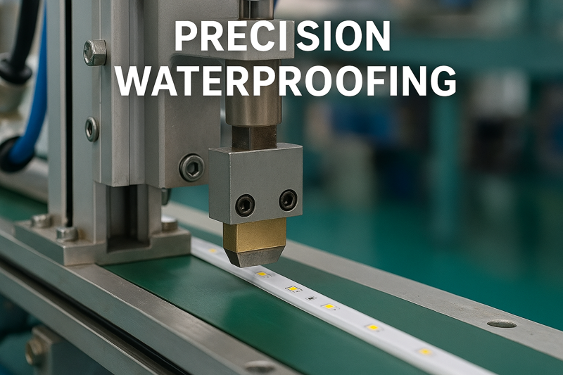 An image from a factory floor showing a premium LED strip being professionally sealed by a machine, ensuring a perfect waterproof bond.