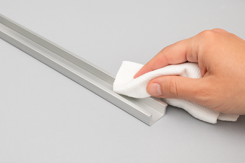 A hand wiping down a clean aluminum channel with an alcohol-soaked cloth before LED strip installation.