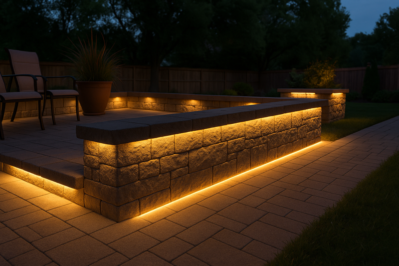 A raised stone patio with LED strips installed under the edge, making it appear to float and clearly defining the boundary.