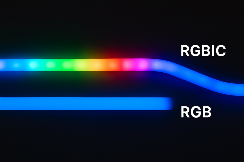 An animation or image showing an RGBIC strip displaying a flowing rainbow pattern, contrasted with a standard RGB strip that is only a single solid color.