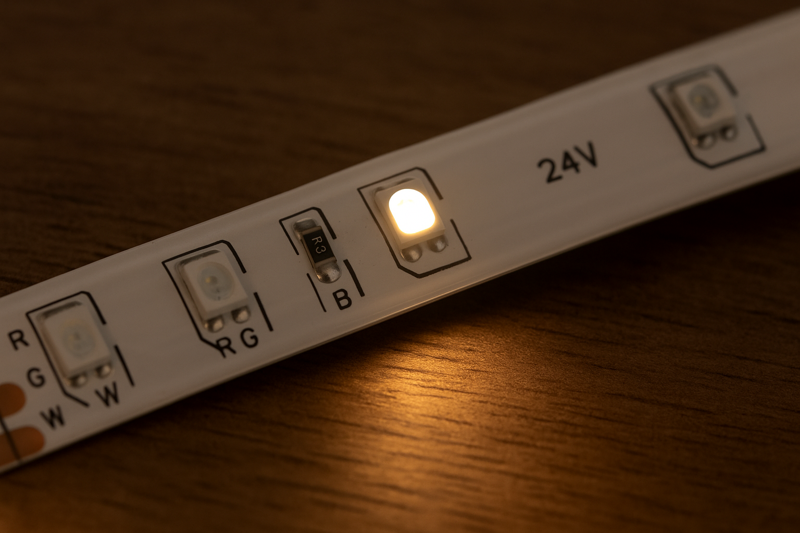 A close-up shot of an RGBW LED strip showing the 4-in-1 chip layout, with a beautiful warm white light shining from it.