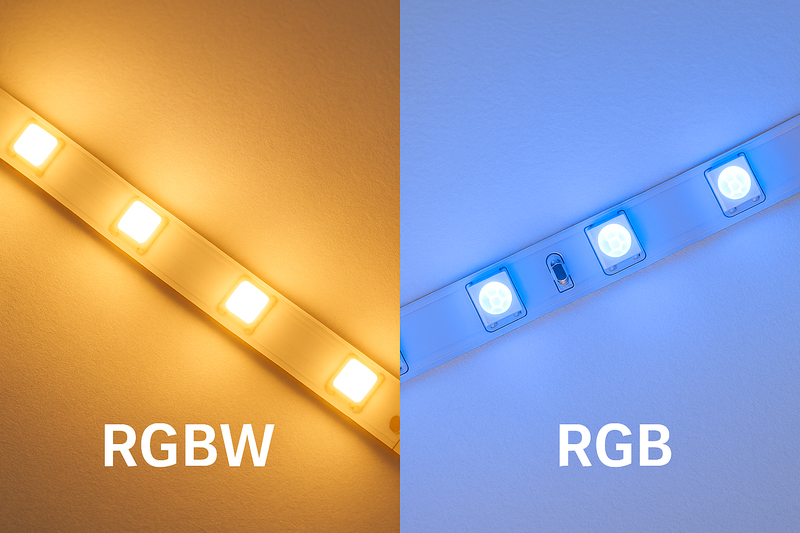 An image showing the color output of two strips. The RGBW strip is emitting a clean, warm white light. The RGB strip is attempting to make white and looks pale blue.