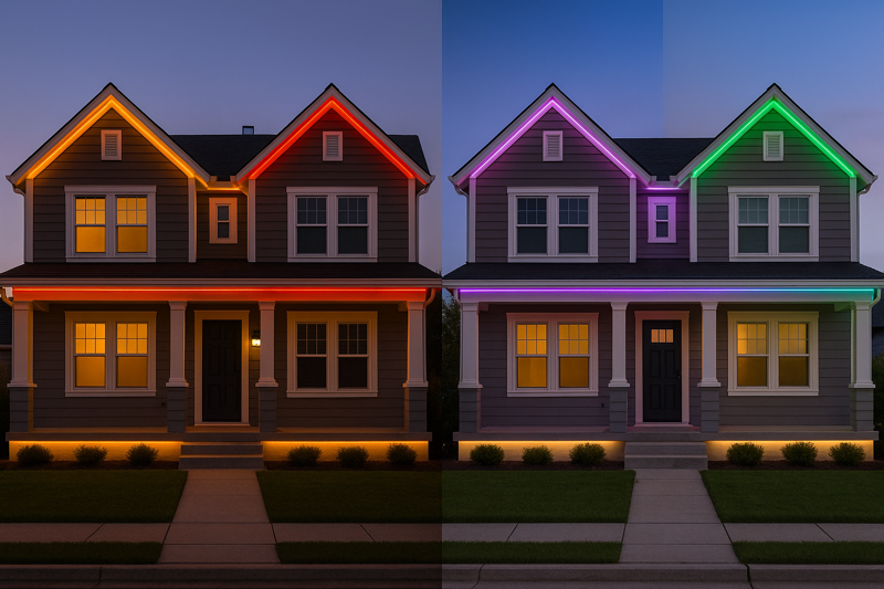 A house showcasing different color schemes for each season: orange for fall, red/green for winter, pastels for spring.