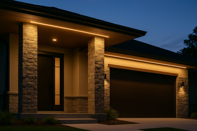 A modern home with stone pillars and wooden soffits, illuminated with a consistent, warm white light from hidden single-color LED strips