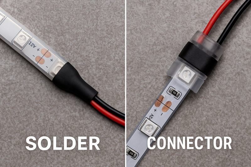 A side-by-side comparison of a soldered connection and a clamp-style waterproof connector