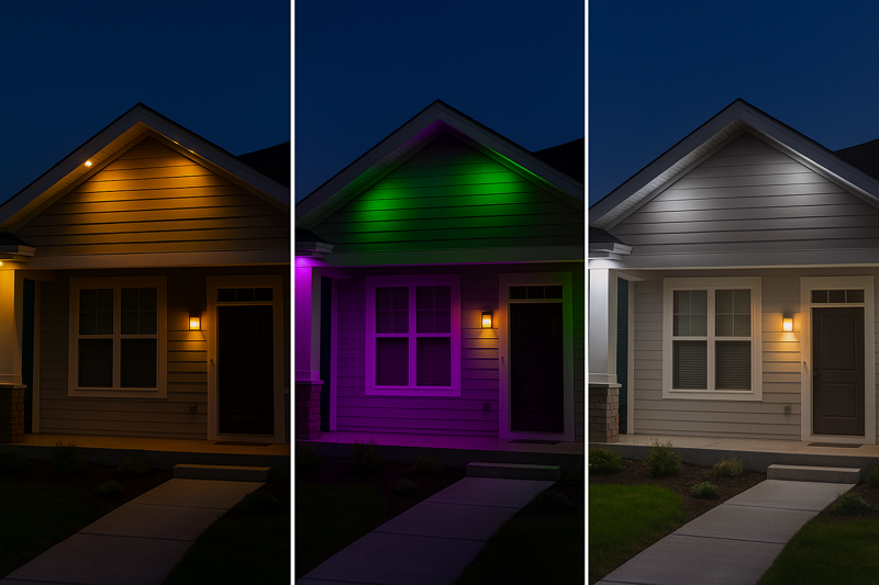 A split image showing the same house with three lighting options: classic warm white, dynamic purple/green, and a clean, high-quality white from an RGBW strip.