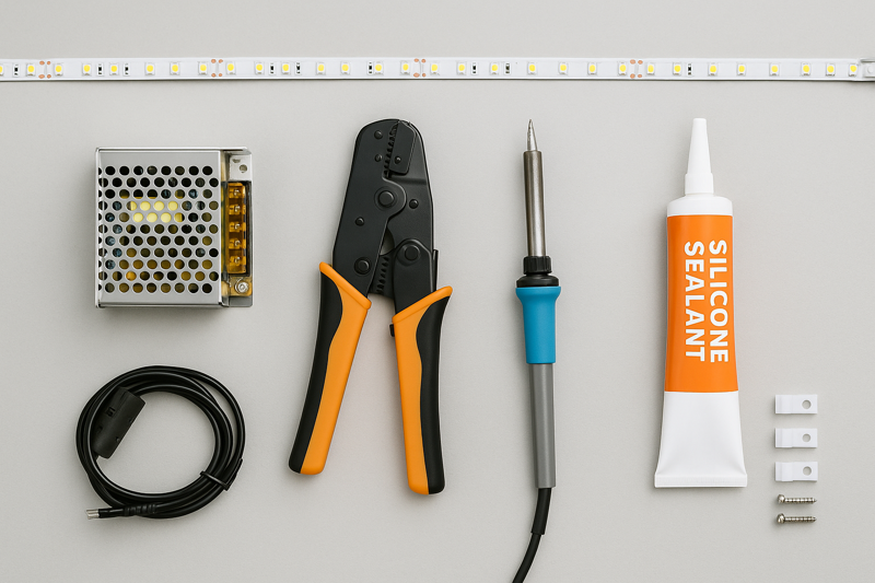 A clean workspace showing an LED strip, a power supply, wire strippers, a soldering iron, silicone sealant, and mounting clips laid out.