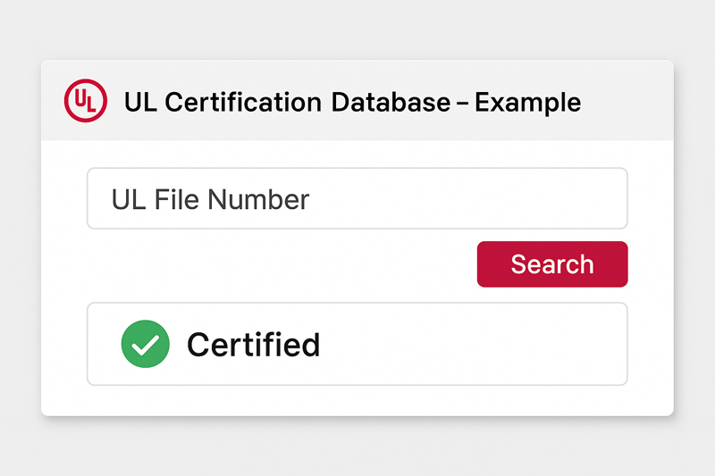 A screenshot of the UL online database showing a successful search for a legitimate company's UL file number, confirming their product is certified.