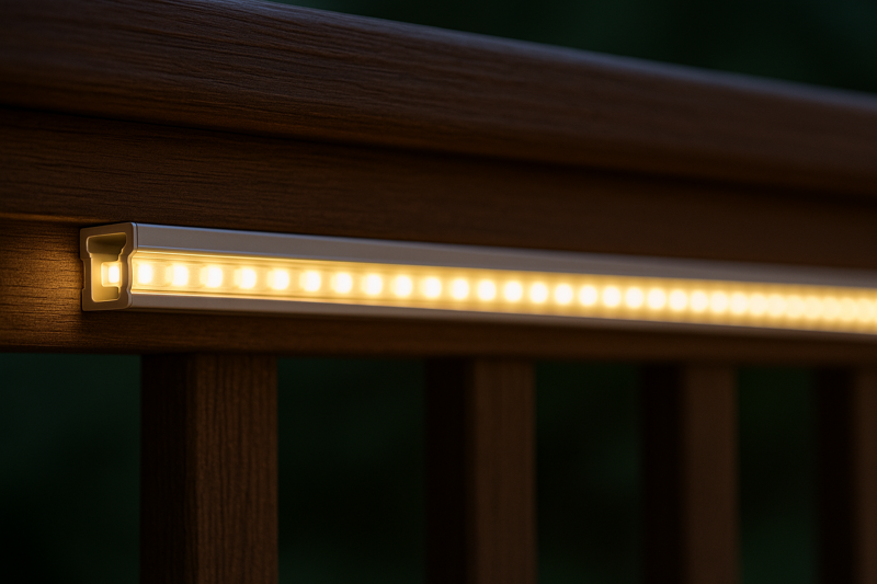 A close-up view of an LED strip mounted in a channel under the handrail of a wooden deck.