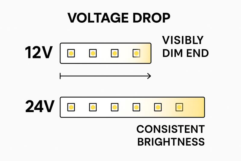 A diagram illustrating voltage drop. A 12V strip shows a bright start and a visibly dim end. A 24V strip of the same length maintains consistent brightness from end to end.
