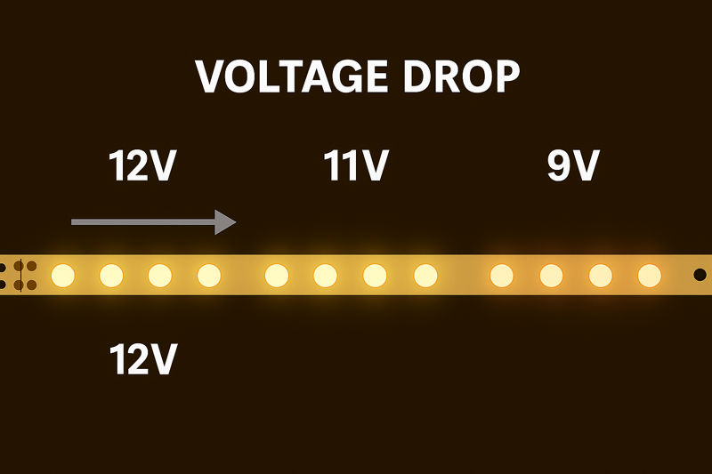 A simple diagram illustrating voltage drop, showing 12V at the power source, 11V in the middle of the strip, and 9V at the end, with corresponding brightness levels.