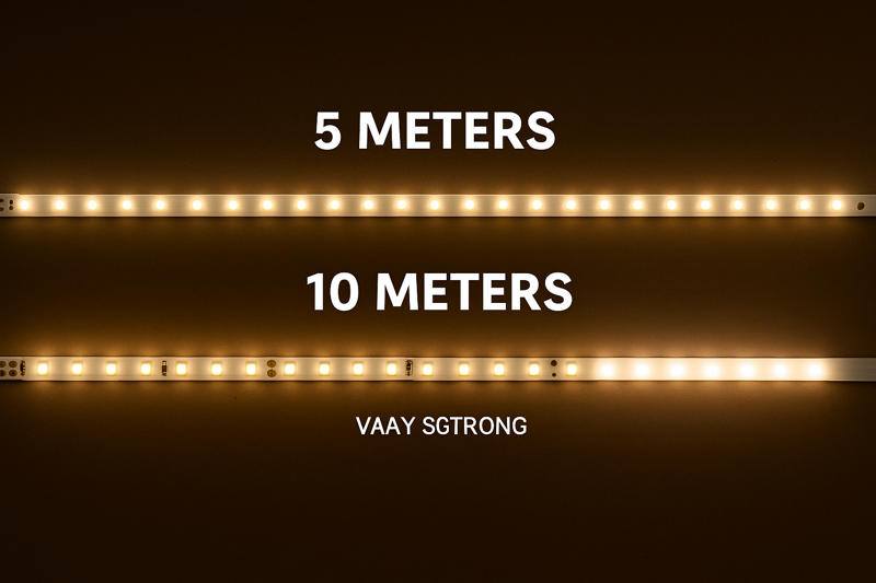 An image showing two LED strips side-by-side. One is 5 meters long and uniformly bright. The other is 10 meters long, very bright at the start and visibly dim at the far end.