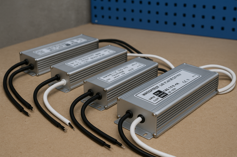 An array of waterproof LED power supplies on a workbench