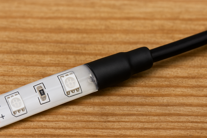 A perfectly sealed connection point on an LED strip, with clear adhesive visible at the edge of the shrunken heat-shrink tube.