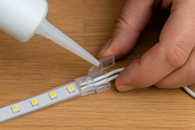 A demonstration of injecting clear silicone sealant into an open waterproof connector