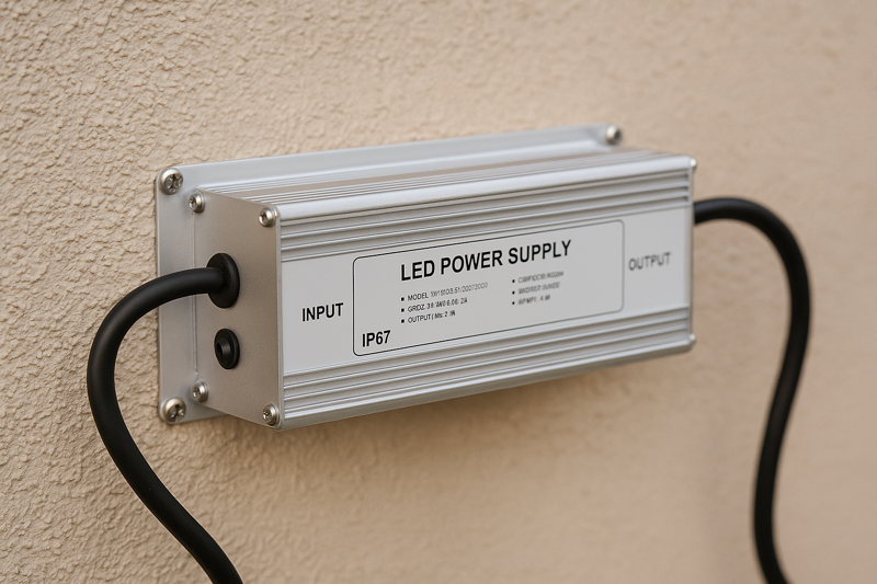 A robust, IP67-rated waterproof LED power supply mounted on an exterior wall