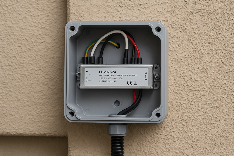 A professional installation showing a waterproof power supply hardwired inside a gray weatherproof junction box mounted to an exterior wall.