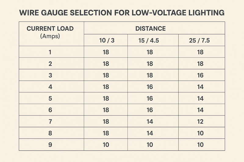 A chart showing recommended wire gauges (AWG) for different current loads (Amps) and distances (feet/meters) for low-voltage lighting.