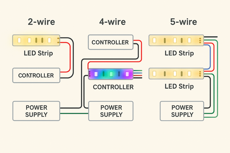 A diagram showing the wiring a 2-wire, 4-wire, and 5-wire LED strip to their respective power supplies and controllers.