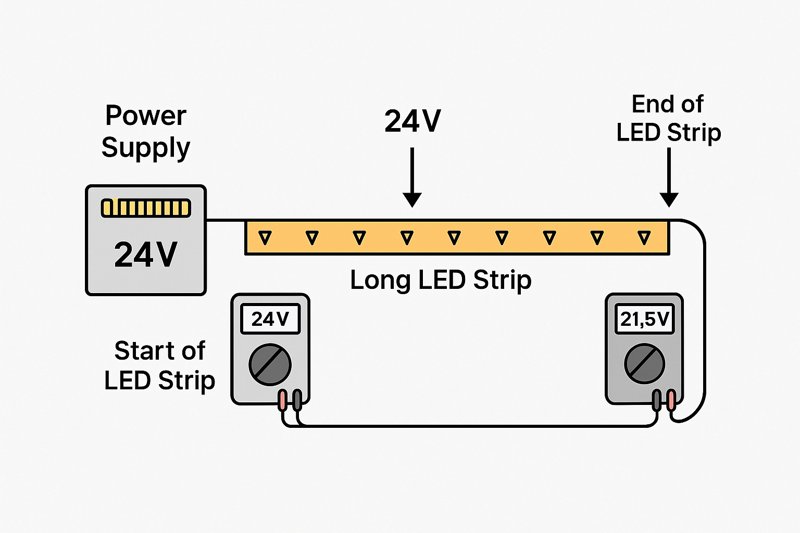 A diagram illustrating voltage drop: A power supply outputs 24V. At the start of the LED strip, a multimeter reads 24V. At the end of the long strip, a multimeter reads 21.5V.