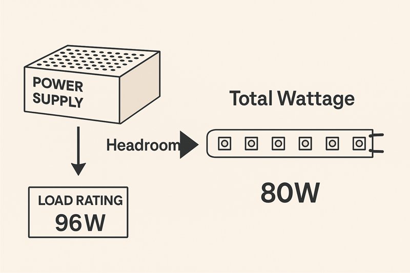 A close-up diagram showing a power supply with its load rating (e.g., 96W) and an arrow pointing to the total wattage of the connected LED strip (e.g., 80W), illustrating the headroom.