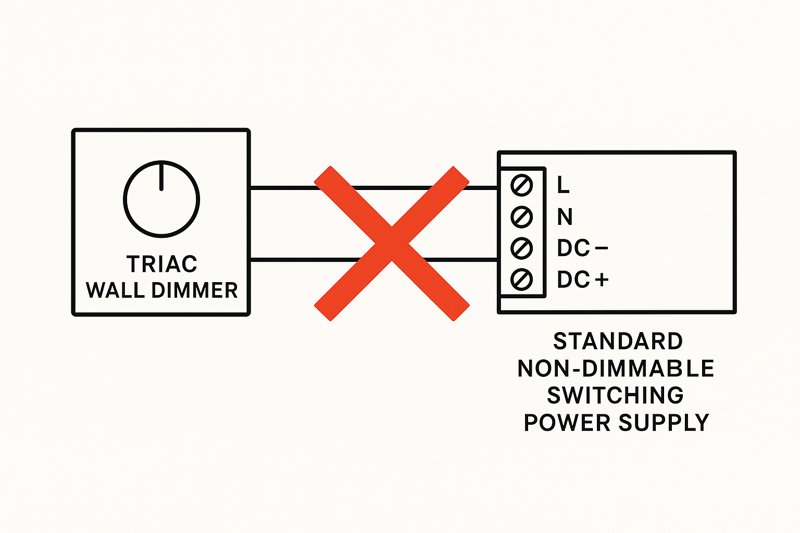 A simplified wiring diagram showing an incompatible setup: a TRIAC wall dimmer connected to a standard non-dimmable switching power supply, with a large red 