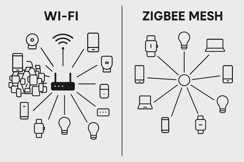 A simple diagram showing a star-shaped Wi-Fi network with many devices cluttered around the router, contrasted with a Zigbee mesh network where devices relay signals to each other.
