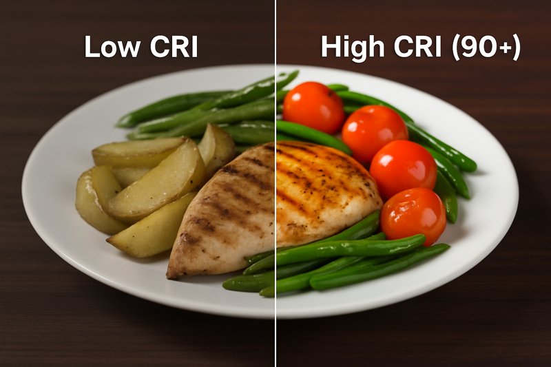 A close-up split image showing a plate of food under low CRI light looking dull, and the same plate under high CRI (90+) light looking vibrant and delicious.